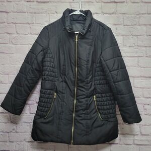 Attention‎ Ladies Black Puffer Coat Size 1X Jacket Gold Hardware Side Gathers